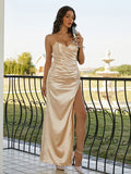 Sheath/Column Elastic Woven Satin Ruched V-neck Sleeveless Floor-Length Bridesmaid Dresses TPP0004941