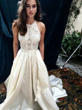 A-Line/Princess Satin Lace Halter Sleeveless Chapel Train Wedding Dresses TPP0006329