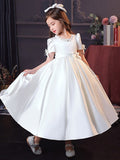 A-Line/Princess Satin Bowknot Jewel Short Sleeves Tea-Length Flower Girl Dresses TPP0007510