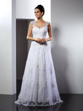 A-Line/Princess Straps Applique Sleeveless Long Lace Wedding Dresses TPP0006277