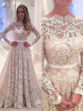A-Line/Princess Bateau Long Sleeves Lace Court Train Wedding Dresses TPP0006173
