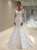 Trumpet/Mermaid Long Sleeves V-neck Court Train Applique Lace Wedding Dresses TPP0006232