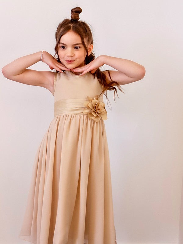 A-Line/Princess Chiffon Hand-Made Flower Scoop Sleeveless Tea-Length Flower Girl Dresses TPP0007493