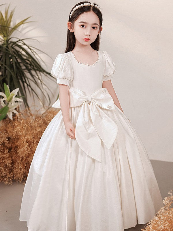A-Line/Princess Satin Bowknot Sweetheart Short Sleeves Floor-Length Flower Girl Dresses TPP0007508