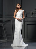 A-Line/Princess Bateau Lace Sleeveless Long Satin Wedding Dresses TPP0006429