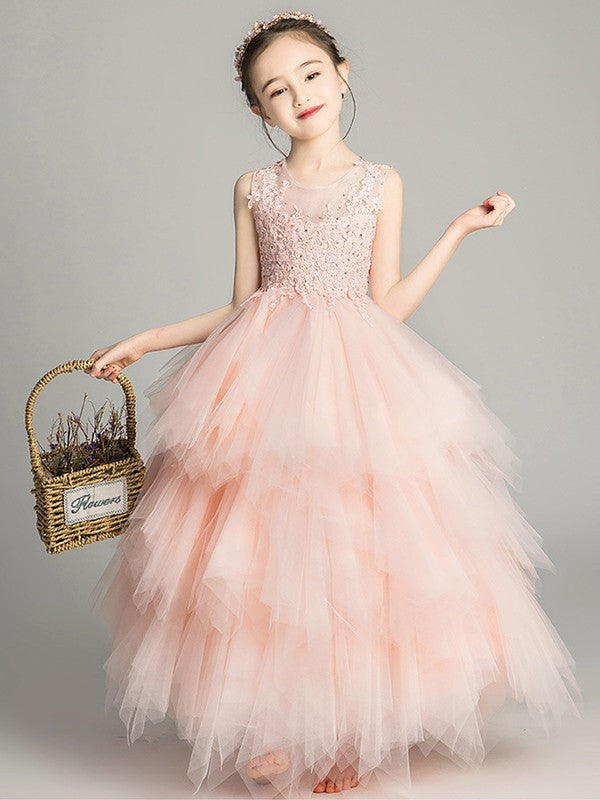 A-Line/Princess Tulle Applique Scoop Sleeveless Floor-Length Flower Girl Dresses TPP0007507