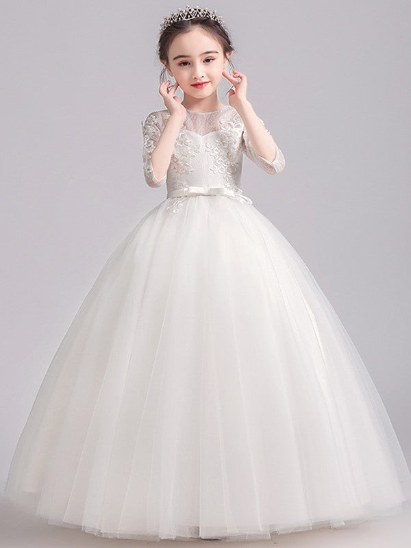 A-Line/Princess Lace Bowknot Scoop 3/4 Sleeves Floor-Length Flower Girl Dresses TPP0007506