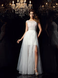 A-Line/Princess Scoop Beading Short Sleeves Long Tulle Dresses TPP0004037