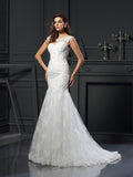 Trumpet/Mermaid Scoop Applique Short Sleeves Long Tulle Wedding Dresses TPP0006321