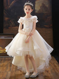 A-Line/Princess Tulle Applique Off-the-Shoulder Short Sleeves Asymmetrical Flower Girl Dresses TPP0007511