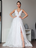 A-Line/Princess Lace Ruffles V-neck Sleeveless Sweep/Brush Train Wedding Dresses TPP0006454
