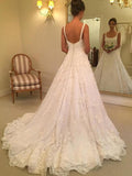 A-Line/Princess Sleeveless Straps Square Court Train Applique Lace Wedding Dresses TPP0006364
