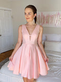 A-Line/Princess V-neck Sleeveless Ruffles Satin Short/Mini Homecoming Dresses TPP0004644