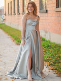 A-Line/Princess Satin Ruched Strapless Sleeveless Sweep/Brush Train Dresses TPP0004861