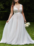 A-Line/Princess Scoop Court Train Sleeveless Lace Tulle Wedding Dresses TPP0006414