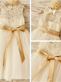 A-line/Princess Scoop Sleeveless Bowknot Knee-Length Tulle Flower Girl Dresses TPP0007495