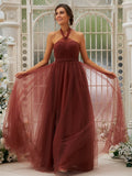 A-Line/Princess Tulle Ruffles Halter Sleeveless Floor-Length Bridesmaid Dresses TPP0004965