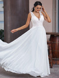 A-Line/Princess Chiffon Lace V-neck Sleeveless Sweep/Brush Train Wedding Dresses TPP0005903