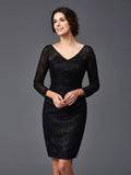 Sheath/Column V-neck Lace Long Sleeves Short Elastic Woven Satin Mother of the Bride Dresses TPP0007400