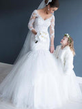 Trumpet/Mermaid V-neck Tulle Lace 3/4 Sleeves Court Train Wedding Dresses TPP0006444
