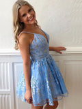 A-Line/Princess Tulle Spaghetti Straps Sleeveless Applique Short/Mini Homecoming Dresses TPP0008729