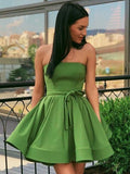 A-Line/Princess Strapless Ruffles Sleeveless Satin Short/Mini Homecoming Dresses TPP0004486