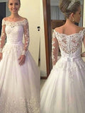 Ball Gown Long Sleeves Off-the-Shoulder Lace Tulle Court Train Wedding Dresses TPP0006300