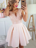 A-Line/Princess Short Sleeves Sweetheart Satin Applique Short/Mini Homecoming Dresses TPP0004169