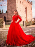 Ball Gown Tulle Long Sleeves Lace Off-the-Shoulder Court Train Dresses TPP0009095