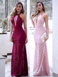 Sheath/Column Sleeveless Halter Floor-Length Ruffles Lace Dresses TPP0003193