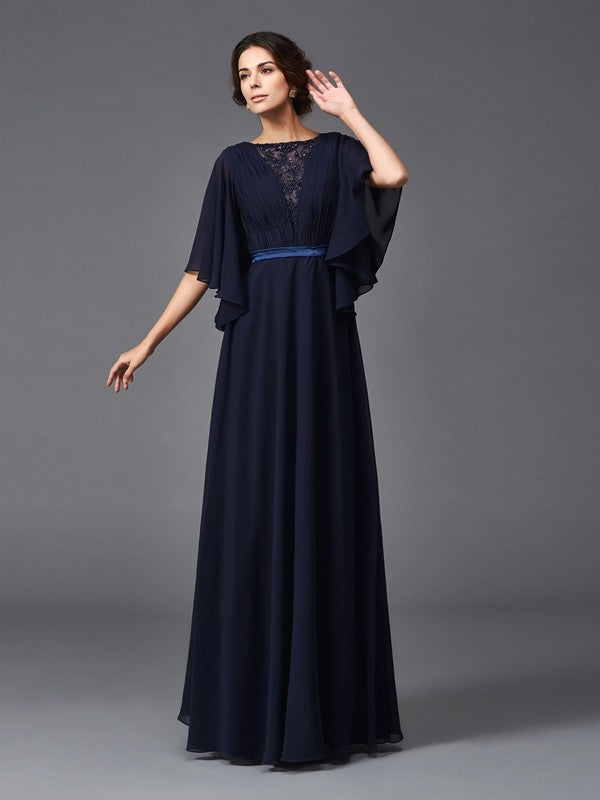 A-Line/Princess Scoop Beading 1/2 Sleeves Long Chiffon Mother of the Bride Dresses TPP0007348