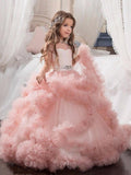 Ball Gown Jewel Short Sleeves Crystal Floor-Length Tulle Flower Girl Dresses TPP0007491