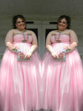 A-Line/Princess Strapless Sleeveless Beading Floor-Length Satin Plus Size Dresses TPP0004095