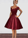 A-Line Off-the-Shoulder Cut Short With Applique Satin Burgundy Homecoming Dresses TPP0008157