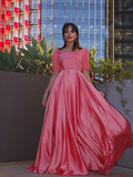 A-Line/Princess Square 1/2 Sleeves Charmeuse Ruffles Floor-Length Dresses TPP0004692