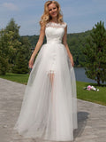 Sheath/Column Sleeveless Lace Scoop Floor-Length Tulle Wedding Dresses TPP0006199