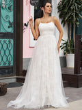 A-Line/Princess Lace Ruffles Spaghetti Straps Sleeveless Sweep/Brush Train Wedding Dresses TPP0006402