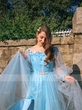 A-Line/Princess Tulle Beading Off-the-Shoulder Long Sleeves Floor-Length Dresses TPP0009076
