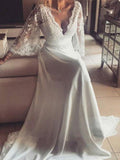 A-Line/Princess V-neck Long Sleeves Sash/Ribbon/Belt Court Train Lace Wedding Dresses TPP0006265