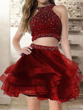 A-Line Halter Cut Short With Beading Organza Blue Homecoming Dresses TPP0008507