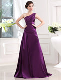 A-Line/Princess One-shoulder Sleeveless Elastic Woven Satin Pleats Long Dresses TPP0004245