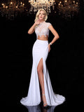 Sheath/Column High Neck Lace Short Sleeves Long Chiffon Dresses TPP0009156