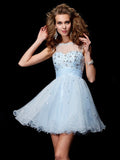 A-Line/Princess Scoop Sleeveless Beading Short Elastic Woven Satin Homecoming Dresses TPP0008444