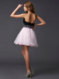 A-Line/Princess Beading Sweetheart Sleeveless Short Elastic Woven Satin Homecoming Dresses TPP0008393