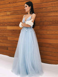 A-Line/Princess Tulle Applique V-neck Sleeveless Floor-Length Dresses TPP0004219