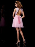 A-Line/Princess Scoop Beading Short Elastic Woven Satin Homecoming Dresses TPP0008736