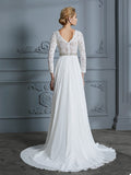 A-Line/Princess 3/4 Sleeves V-neck Lace Sweep/Brush Train Chiffon Wedding Dresses TPP0006390