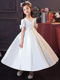 A-Line/Princess Satin Bowknot Jewel Short Sleeves Tea-Length Flower Girl Dresses TPP0007510