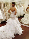 Trumpet/Mermaid Sleeveless Sweetheart Chapel Train Ruffles Applique Lace Organza Wedding Dresses TPP0006468