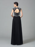 A-Line/Princess Jewel Beading Short Sleeves Long Chiffon Dresses TPP0003370